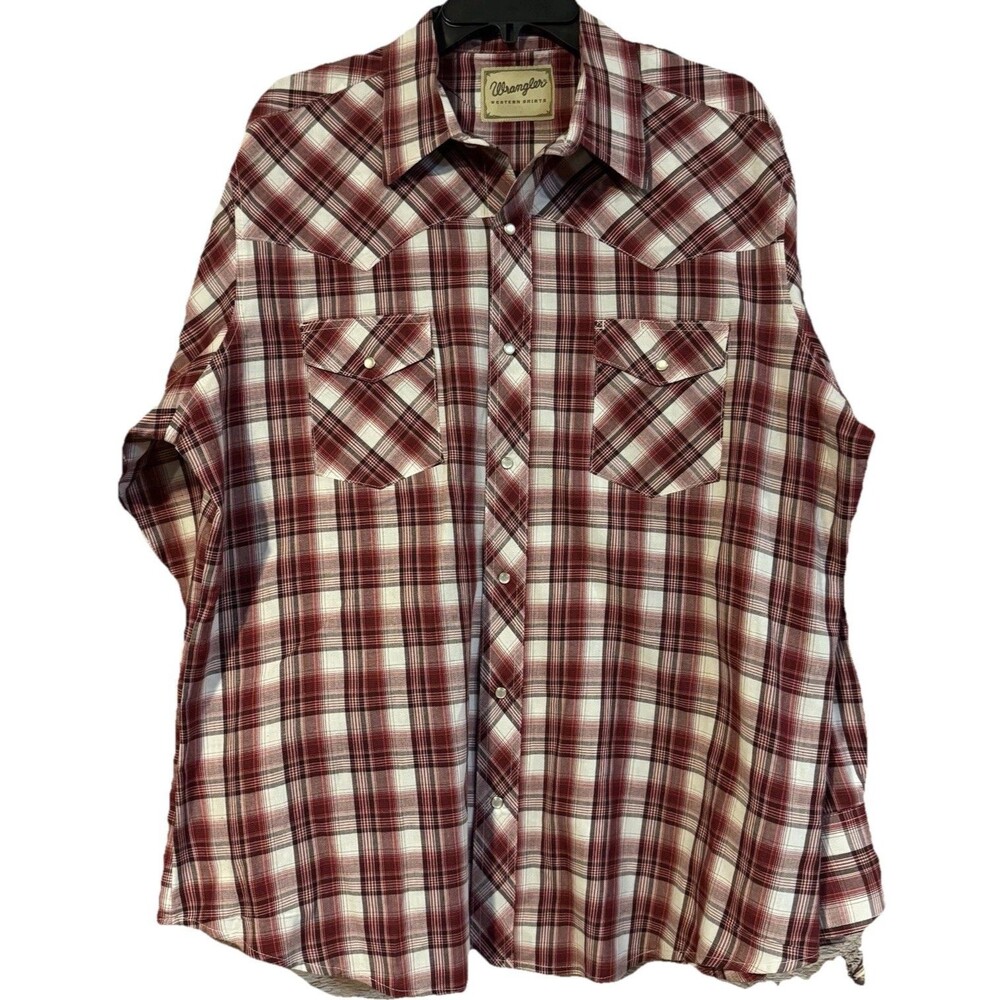 Wrangler Western Shirt Mens XL Pearl Snap Plaid Long Sleeve Maroon Red Cowboy